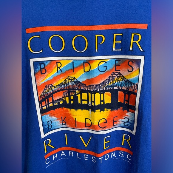 Vintage 1989 Charleston, SC Cooper River Bridge single stitch blue t-shirt EUC - Picture 2 of 9
